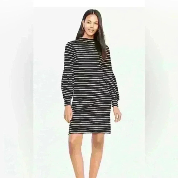 Ann Taylor Dress Womens Size Medium Black & White Stripe Long Balloon Sleeves - Picture 2 of 9